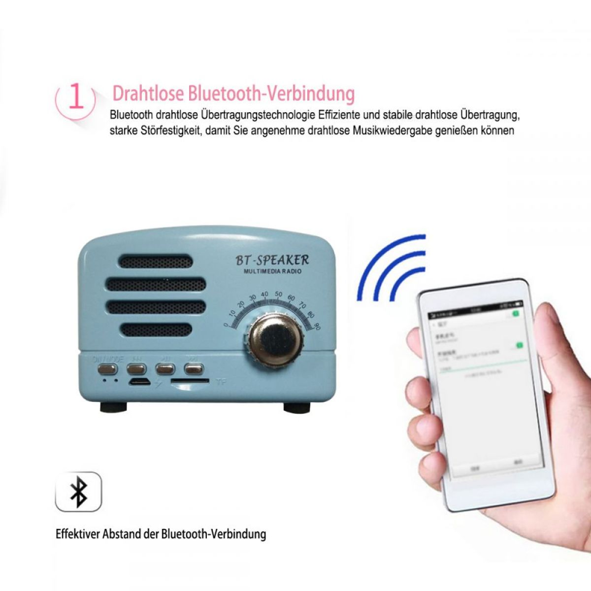 Blauer BT-Lautsprecher im Retro-Stil mit Telefon.