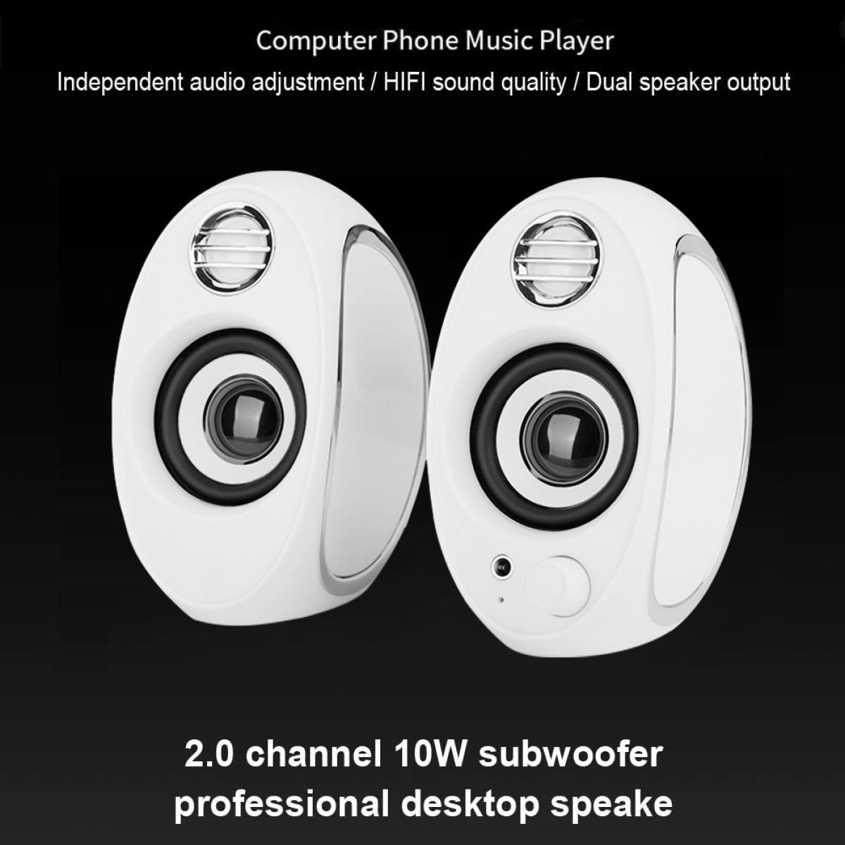 Zwei weiße Lautsprecher. Text: Computer-Telefon-Musik-Player. 2.0-Kanal-Subwoofer.