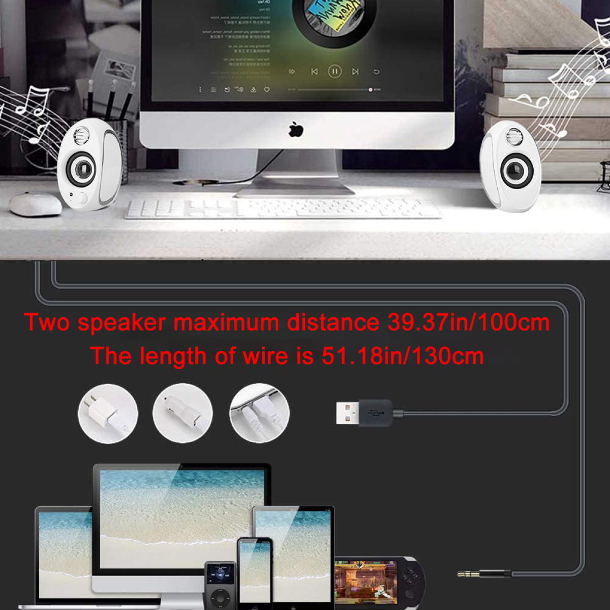 Weiße Lautsprecher auf dem Schreibtisch mit Monitor und Maus. Text zeigt Lautsprecherabstände und Kabellängen.
