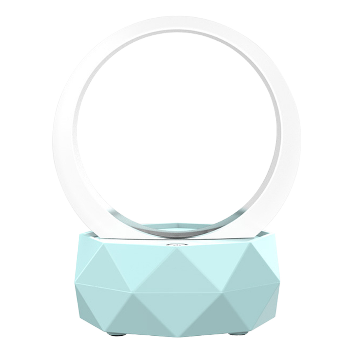 Ein hellblaues Nachtlicht in geometrischer Form mit einem weißen, kreisförmigen Licht oben, isoliert auf Weiß.
