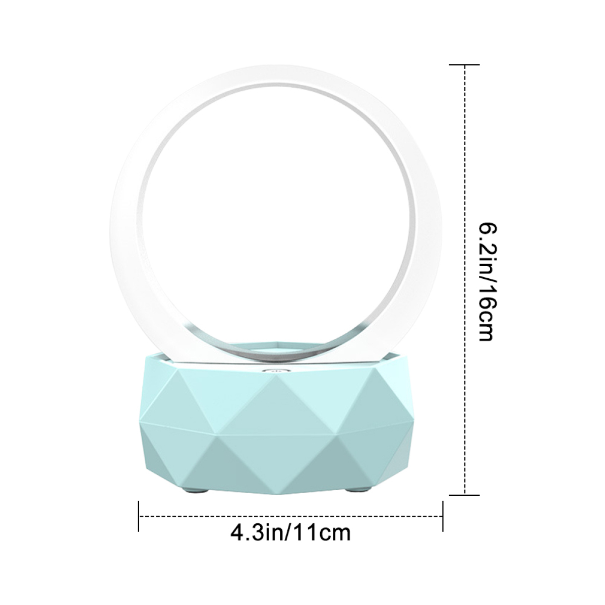Eine türkisfarbene Lampe mit rundem Oberteil und geometrischem Sockel. Maße in Zoll und cm.