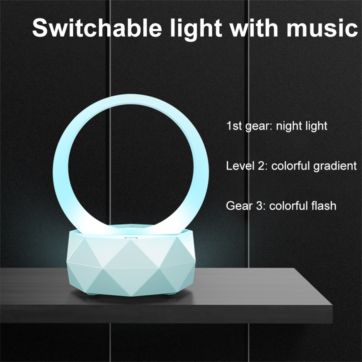 Eine hellblaue Lampe mit einem Lichtring. Der Text lautet: Umschaltbares Licht mit Musik.