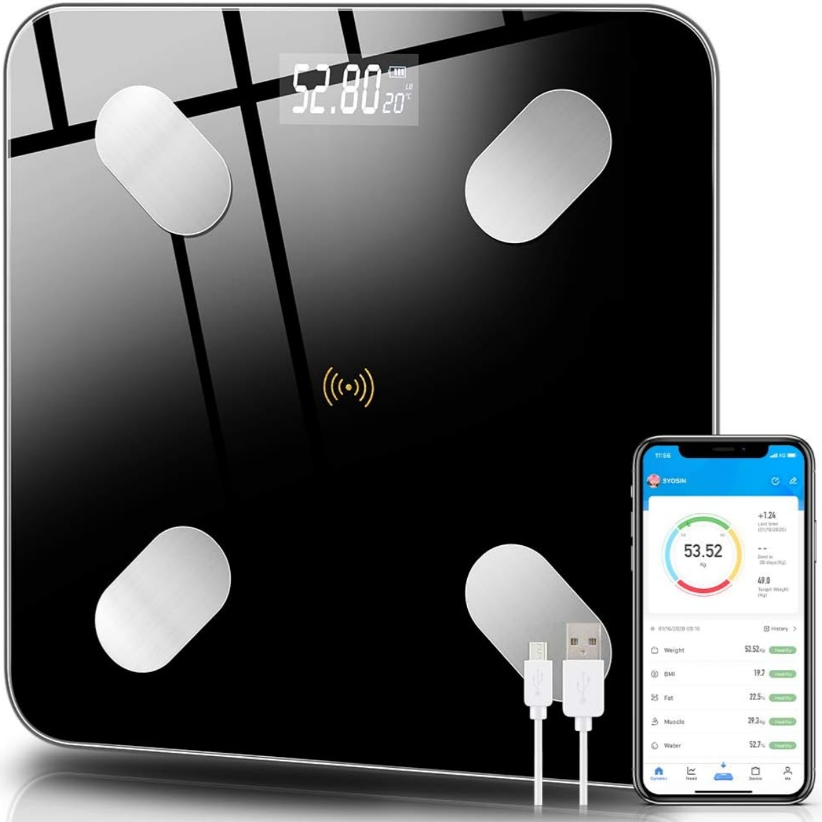 Eine schwarze intelligente Waage mit Digitalanzeige und Telefon mit Daten.