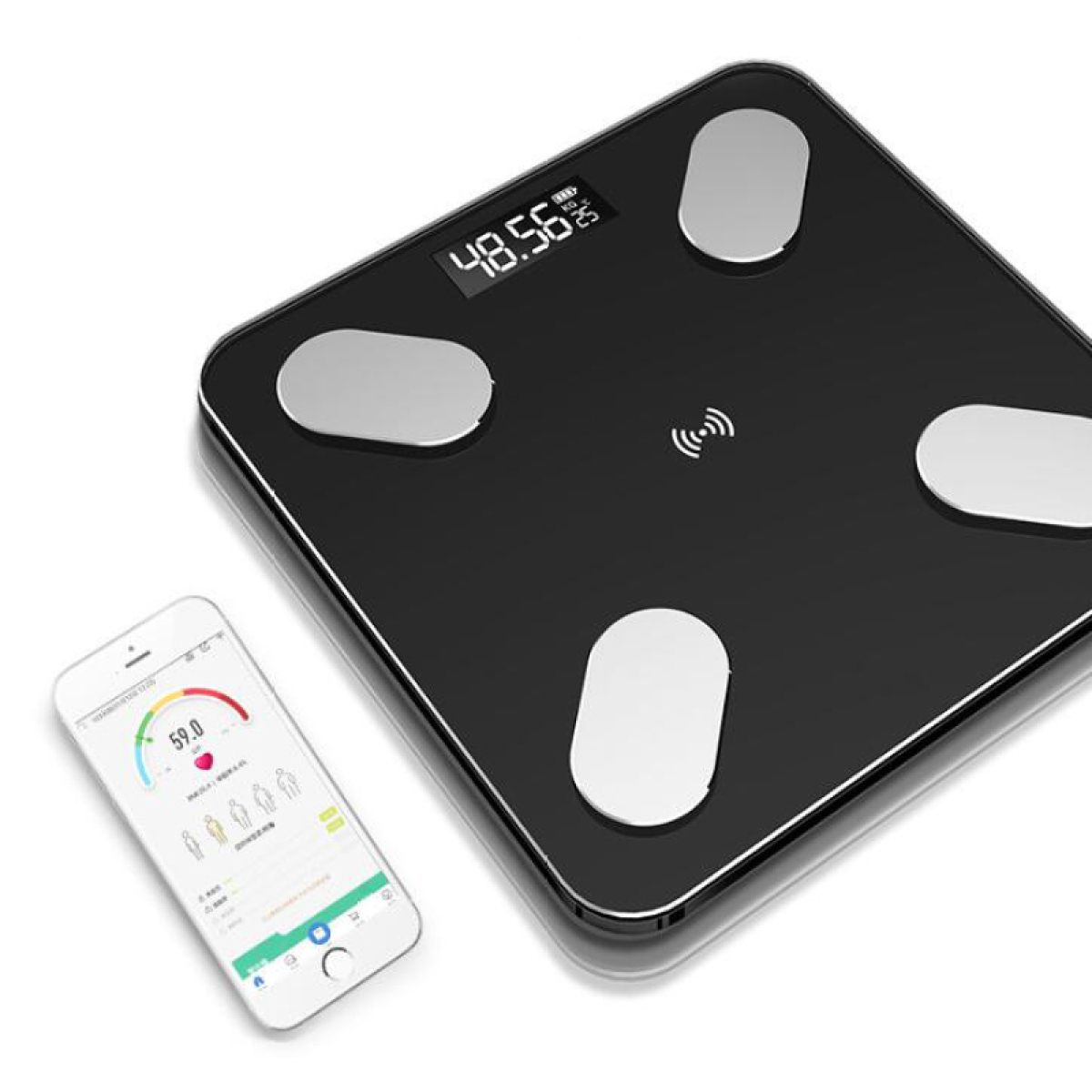 Schwarze Digitalwaage mit Digitalanzeige, die 48,56 kg anzeigt, und ein Smartphone, das Daten anzeigt.