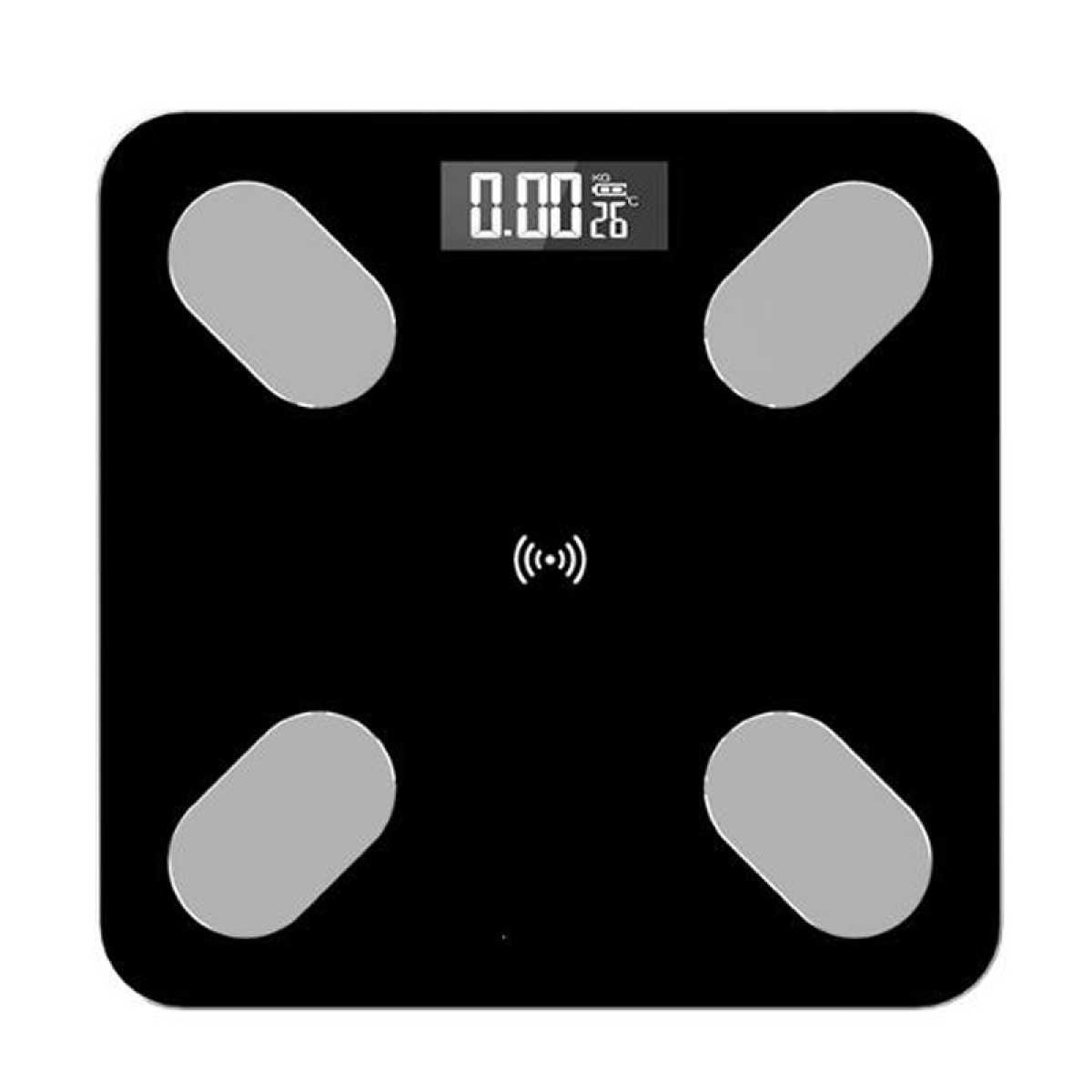 Schwarze Digitalwaage mit vier grauen Fußpads, zeigt 0,00 kg und ein Funksymbol.
