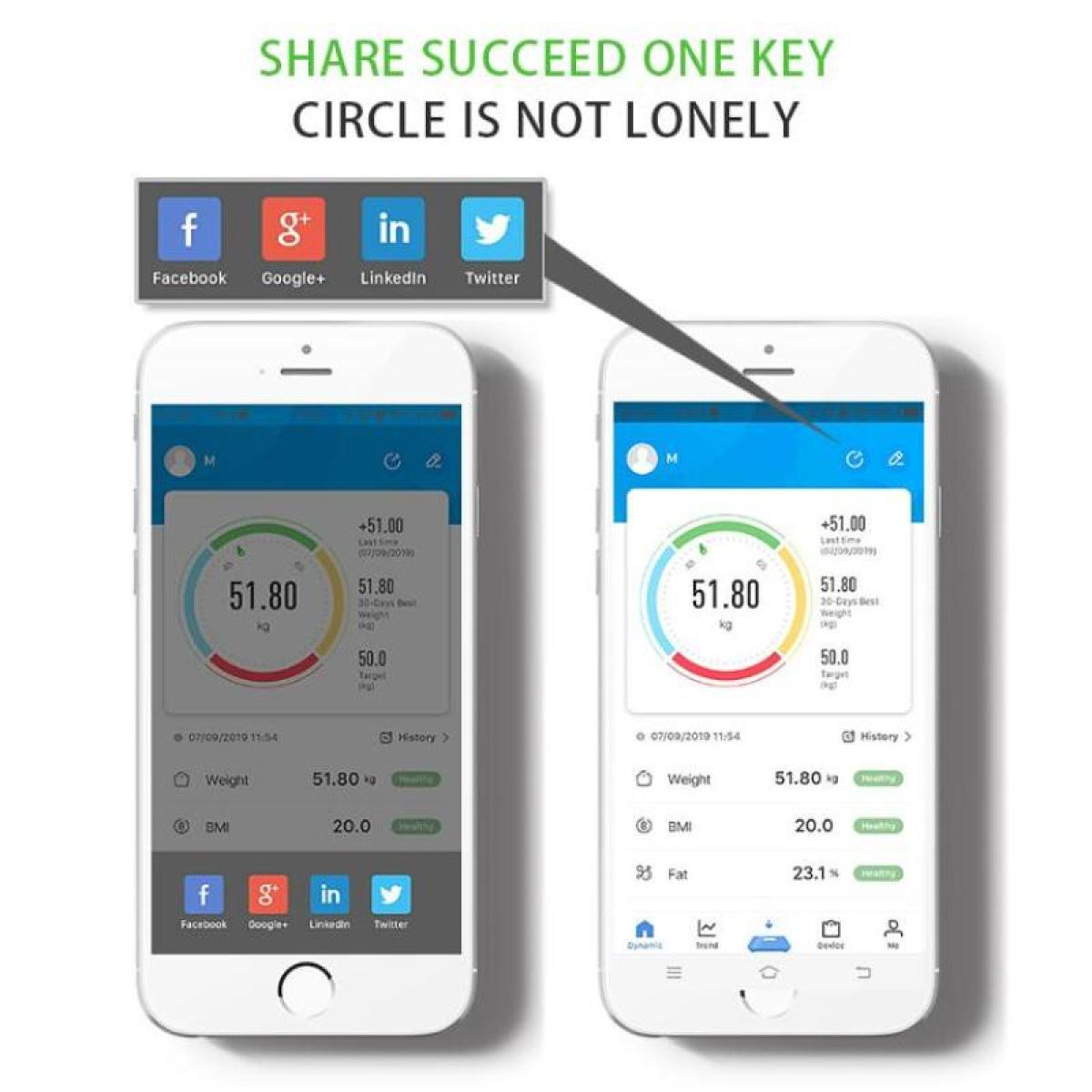 Zwei Smartphones, die Gesundheitsdaten anzeigen, mit Social-Media-Symbolen zum Teilen.