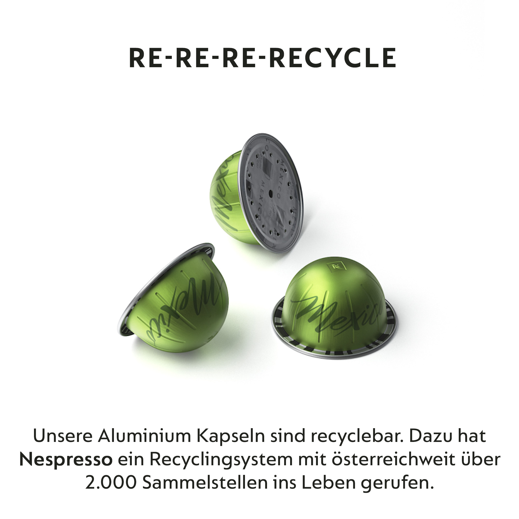 Grüne Nespresso-Kapseln. Einige Kapseln sind aufgeschnitten, mit Text und Logo.