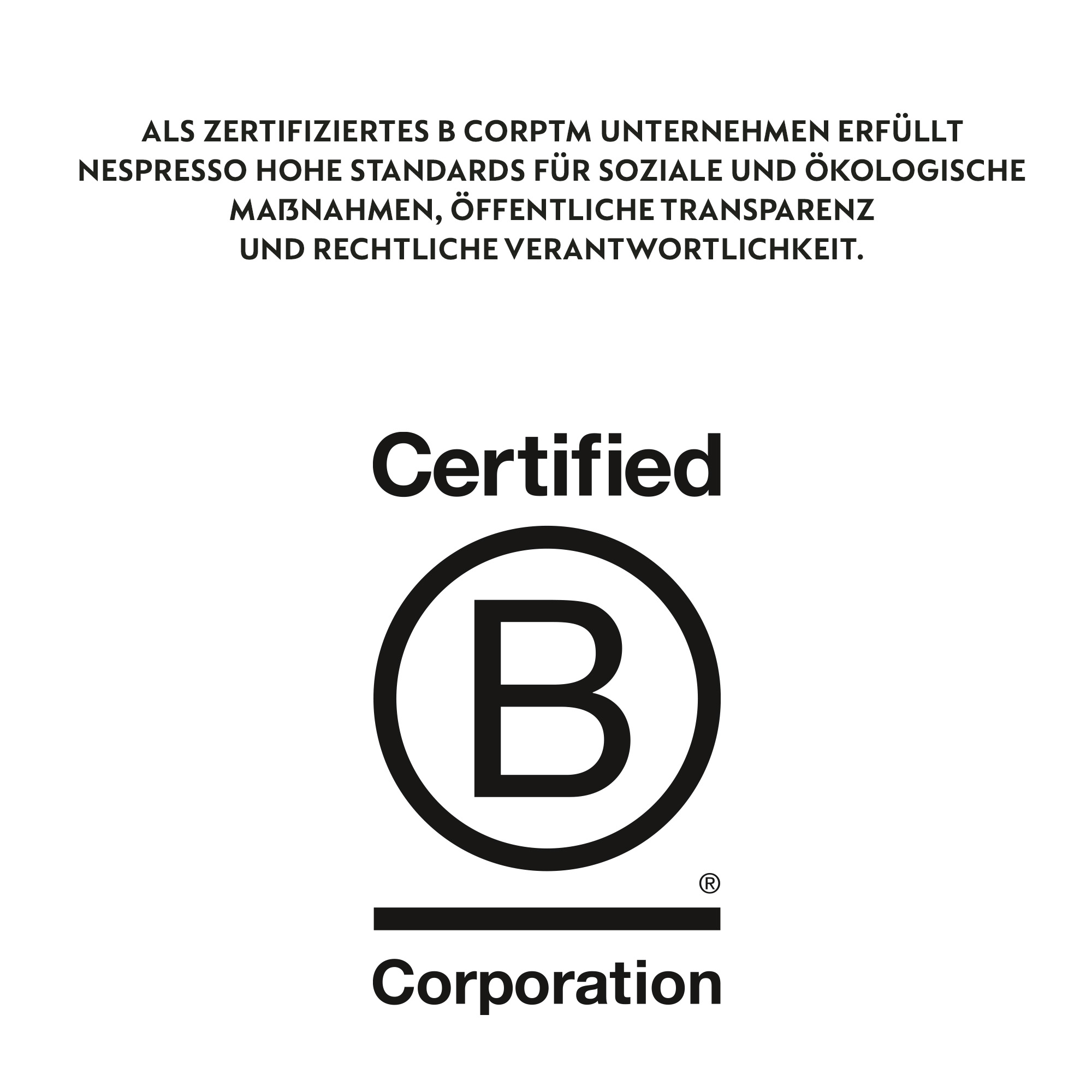 Schwarz-weißes Zertifizierter B Corporation-Logo mit deutschem Text zu Nespresso-Standards.