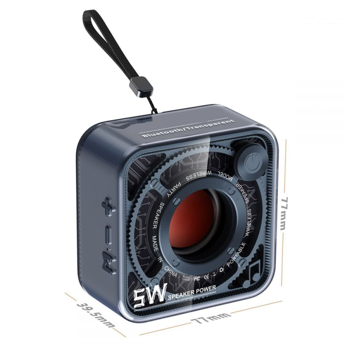 Grauer Bluetooth-Lautsprecher mit transparentem Design, Abmessungen angezeigt.