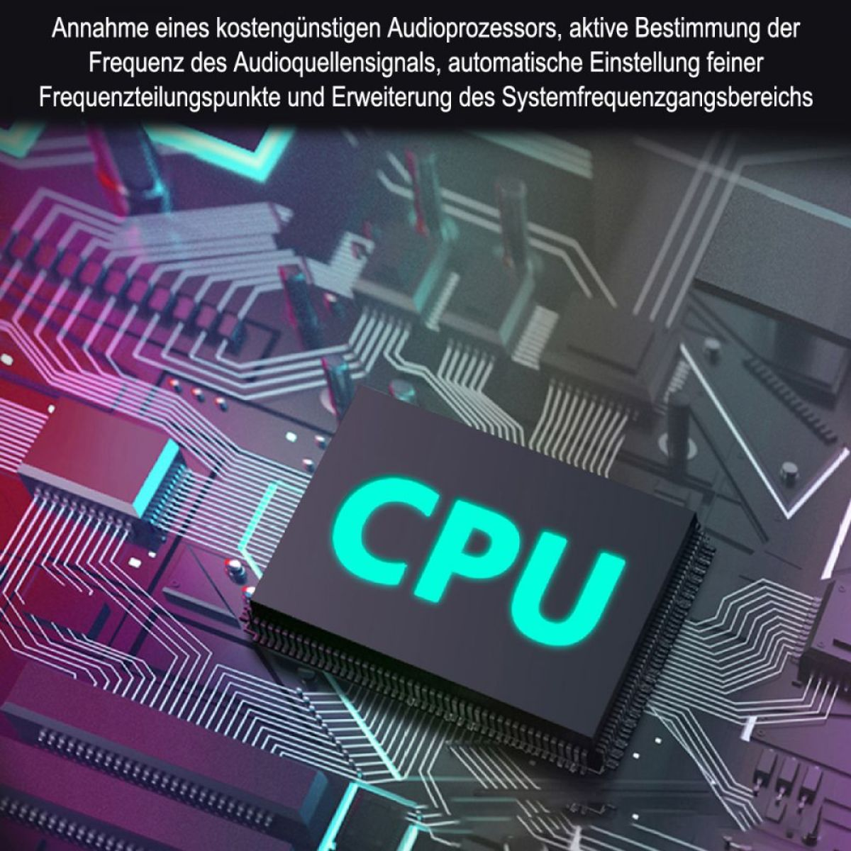 Ein Motherboard mit einem grünen CPU-Chip mit der Aufschrift CPU. Der Hintergrund ist eine komplexe Leiterplatte.