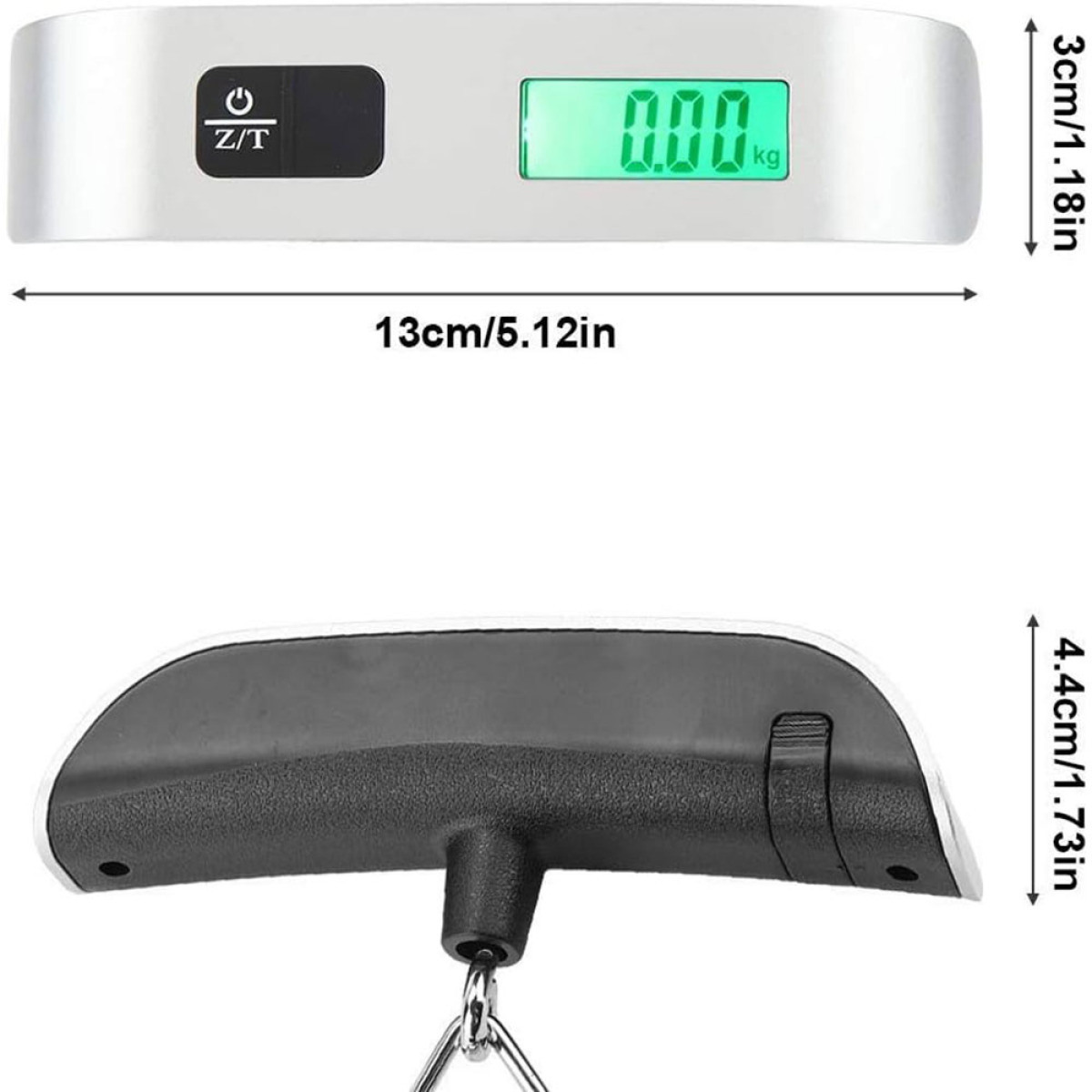 Eine digitale Gepäckwaage, 13cm/5.12in, zeigt 0.00kg, mit Abmessungen.