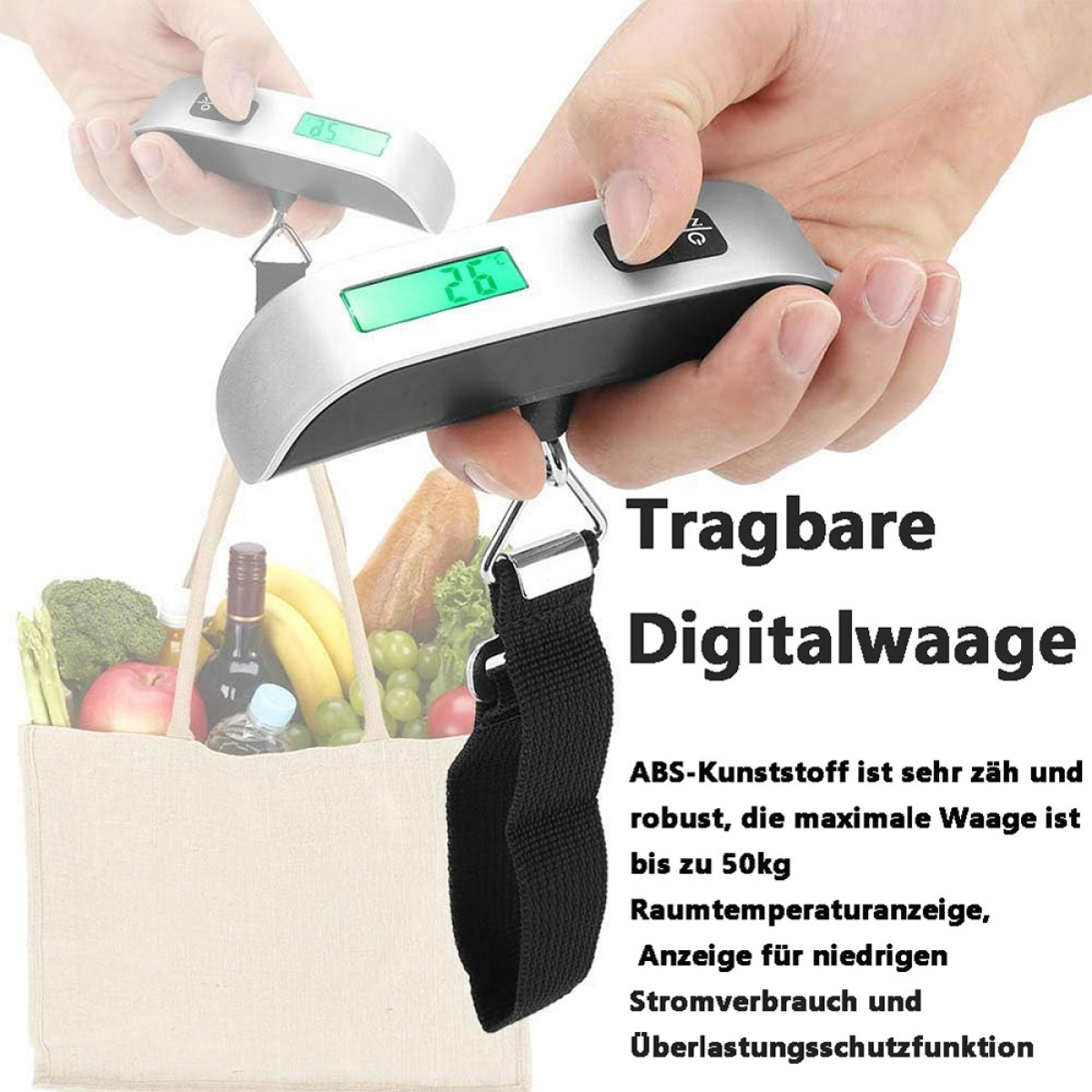 Digitale Waage mit Hand, Text auf Deutsch und Einkaufstasche im Hintergrund.