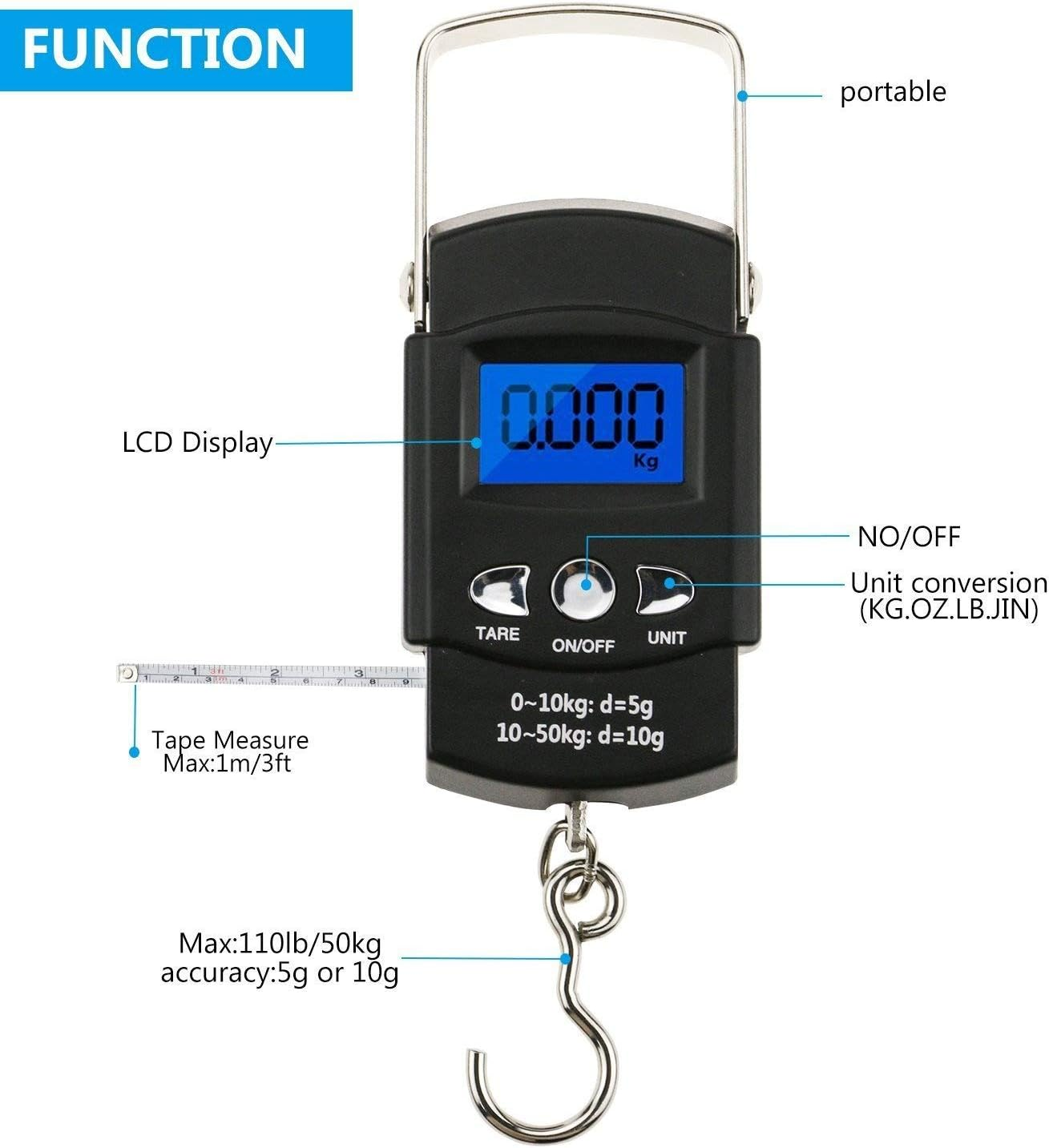 Digitale Hängewaage, schwarz mit LCD-Anzeige, zeigt 0,000 kg, mit Haken.