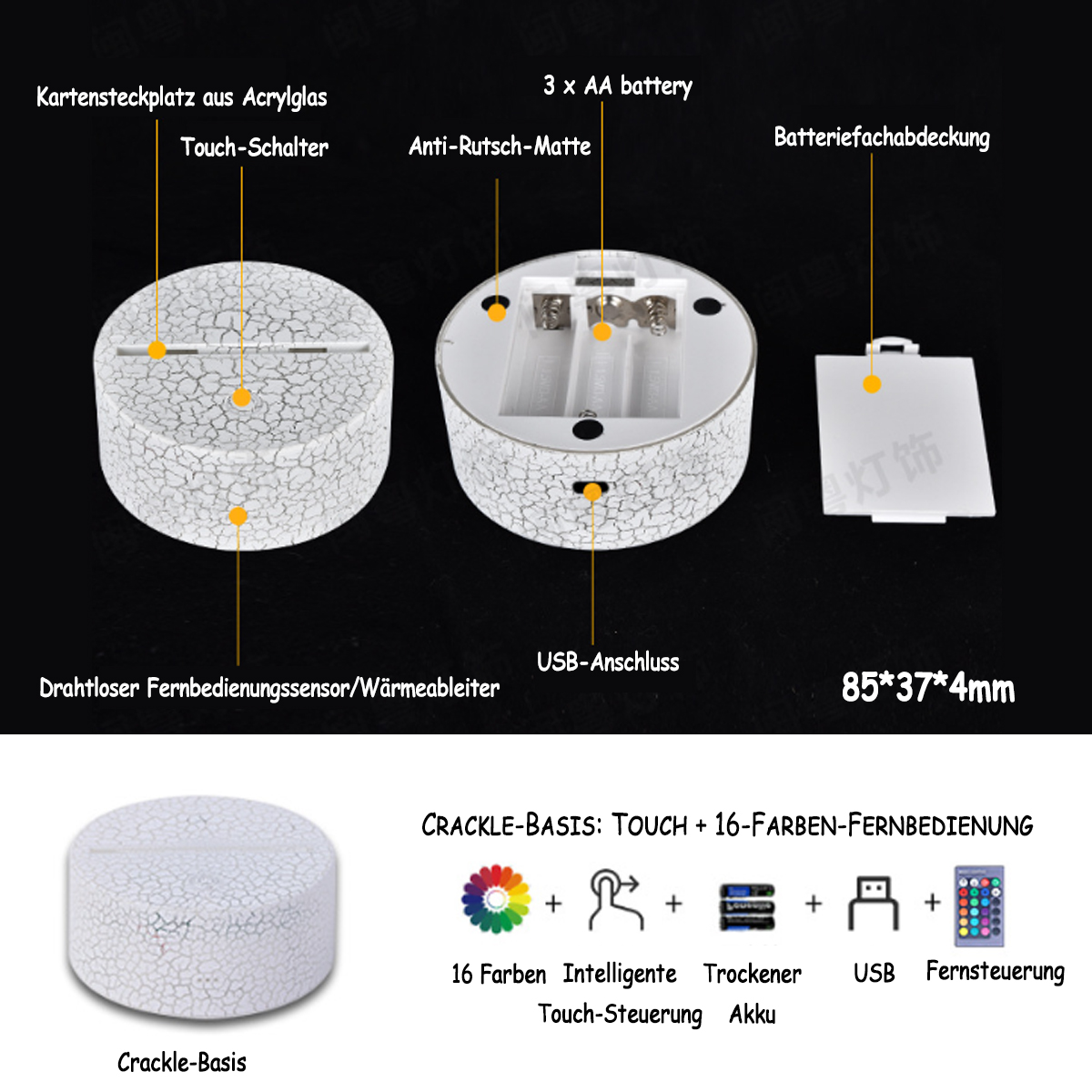 Komponenten einer Nachtlichtbasis, mit Etiketten und Batteriefach.