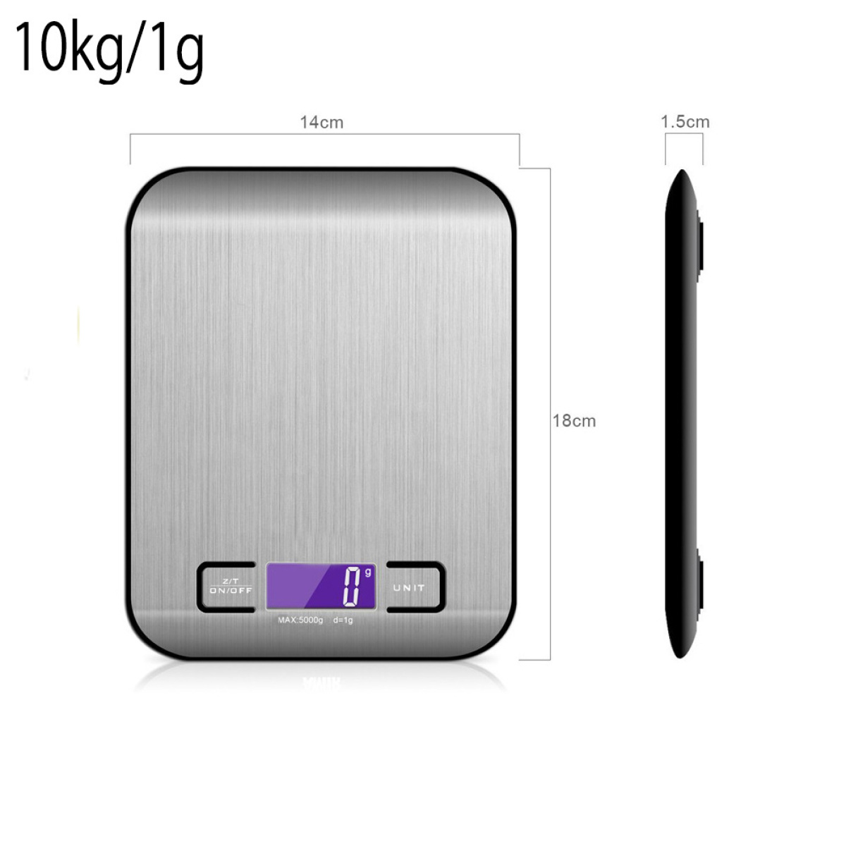 Digitale Küchenwaage mit Anzeige '0'. Silberfarben, misst 10kg/1g. Abmessungen sind sichtbar.