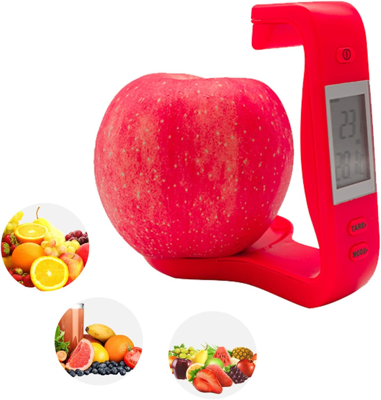 Roter Apfel auf einer roten Digitalwaage, umgeben von Obstbildern. Weißer Hintergrund.