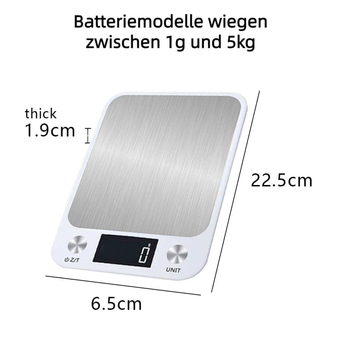 Eine weiße digitale Küchenwaage. Es hat ein Display und zwei Knöpfe.