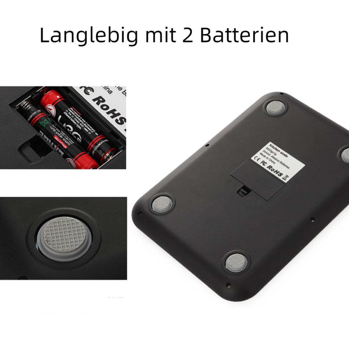 Schwarze Küchenwaage mit 2 Batterien. Zwei Nahaufnahmen von Details. Weißer Hintergrund.