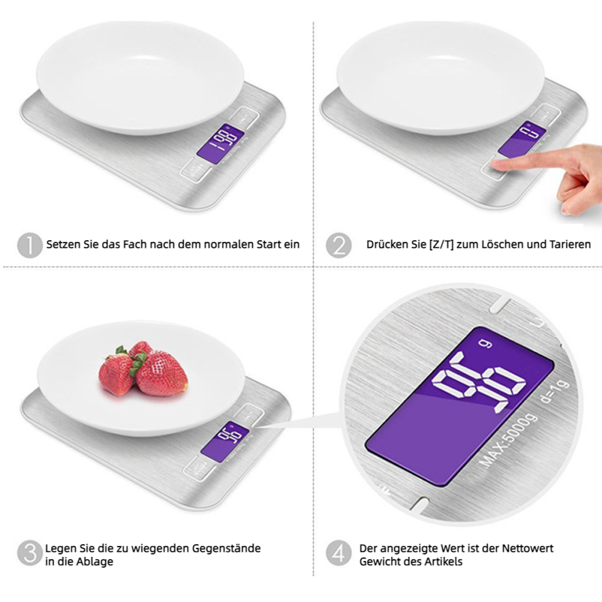 Vier Bilder, die die Verwendung einer Digitalwaage mit Teller und Erdbeeren zeigen.