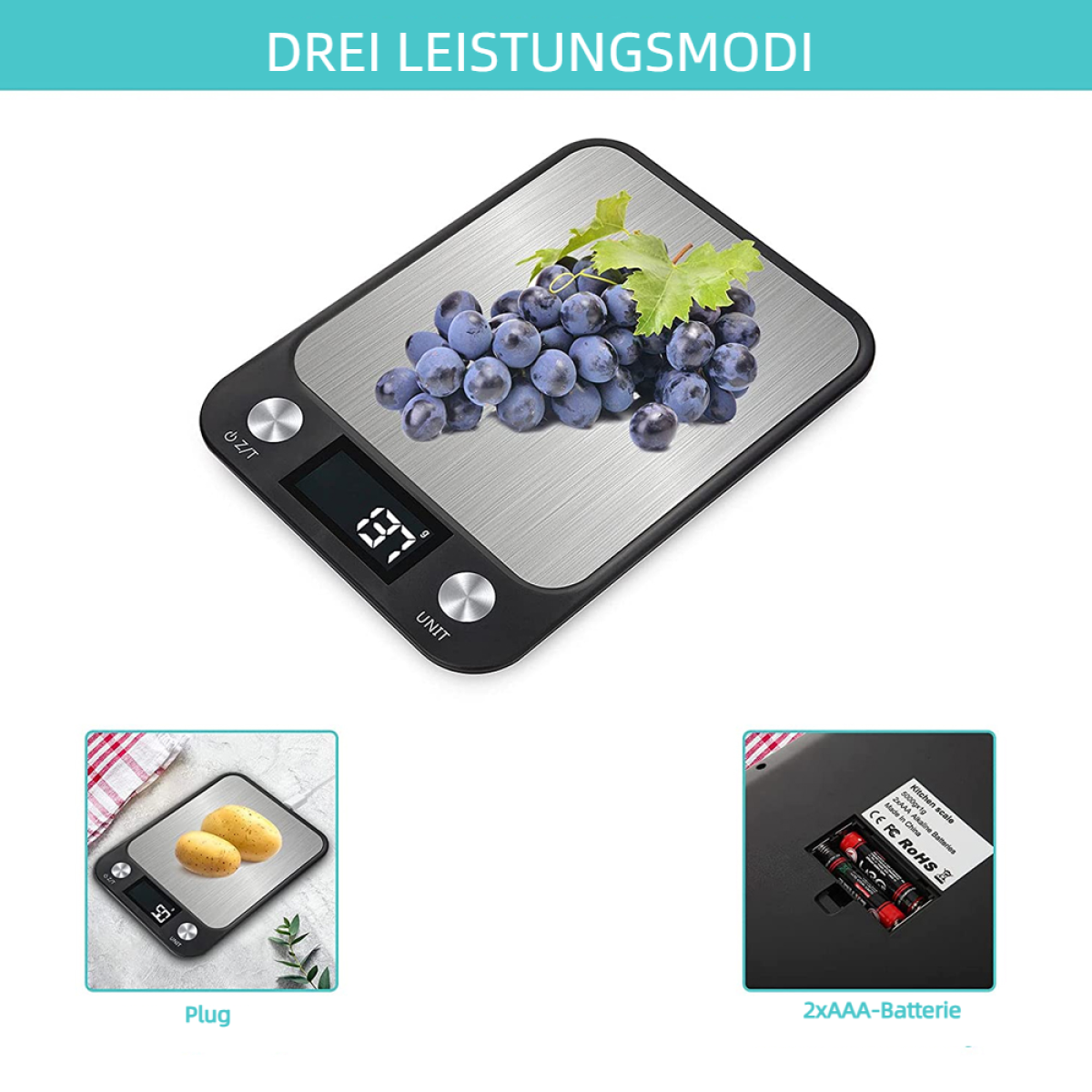 Eine digitale Küchenwaage mit Trauben, zwei Inset-Bildern von Waage und Kartoffeln sowie Batterien.