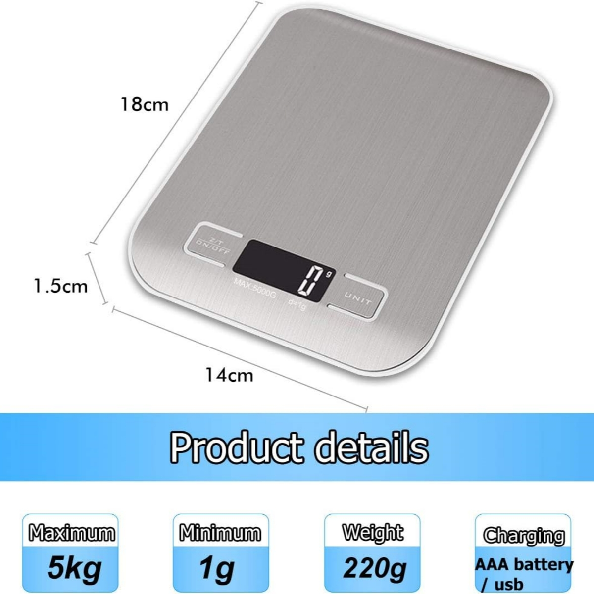 Digitale Waage mit Abmessungen. Zeigt Gewicht und Einheit an. Maximales Gewicht ist 5 kg, minimal 1 g.