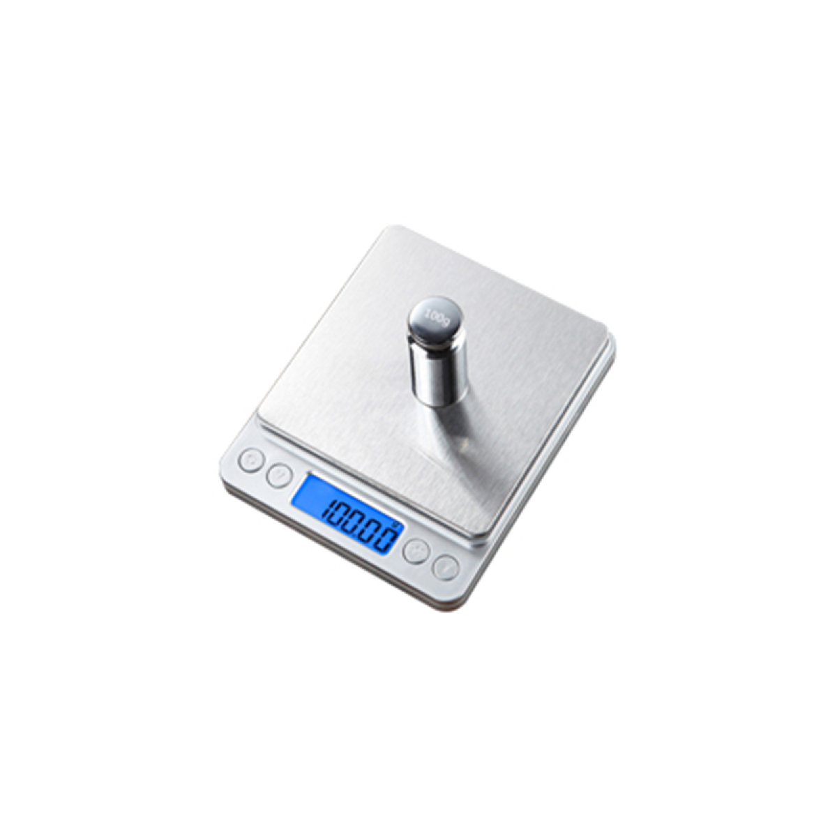 Eine Digitalwaage mit einem 100g Gewicht. Die Anzeige zeigt 100,0.