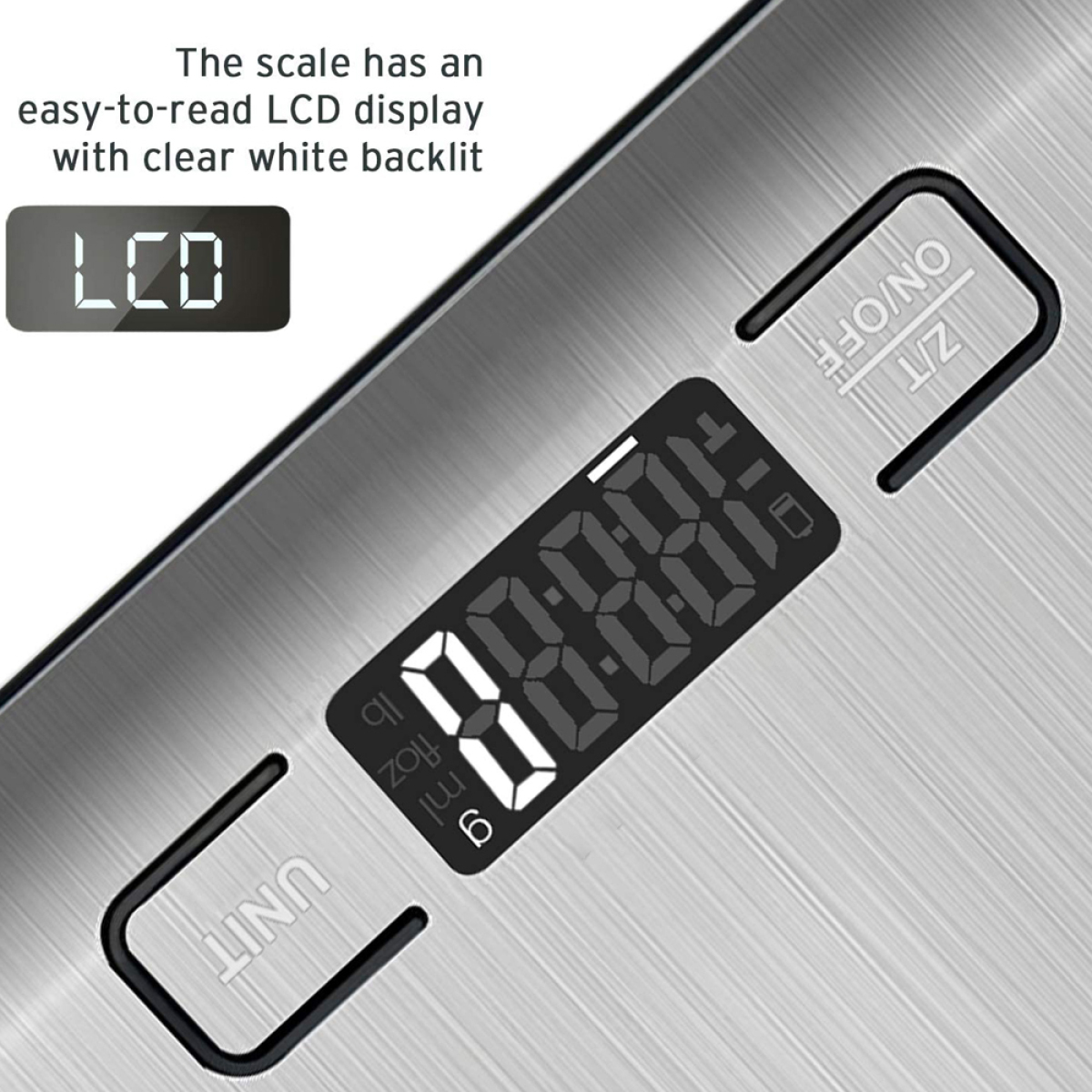 Digitale Waage mit Zahlen. LCD-Bildschirm. Metallischer Hintergrund.