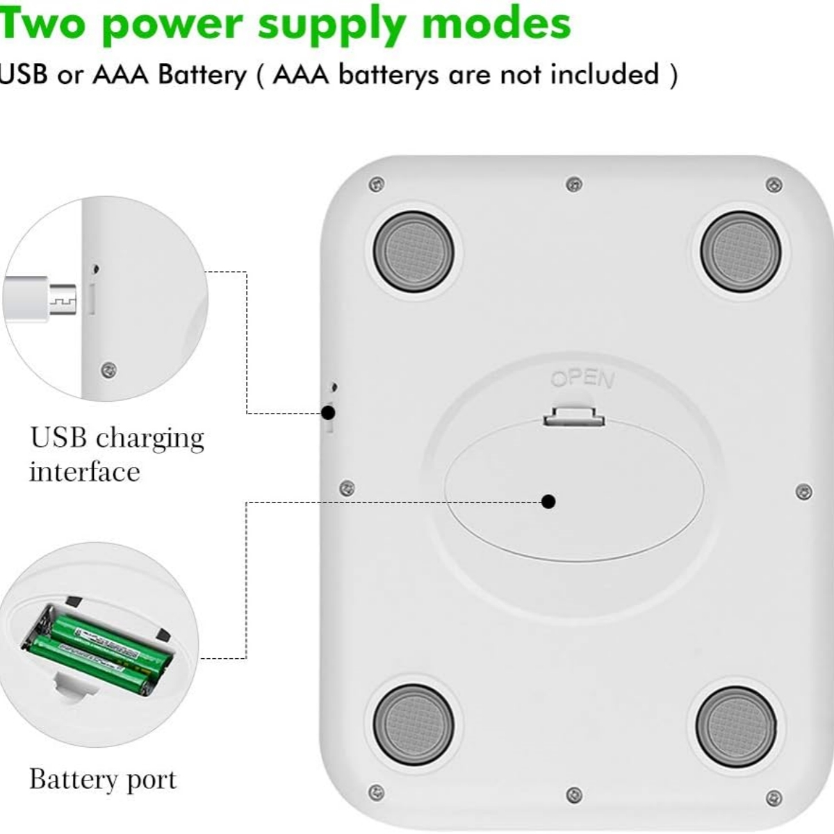 Die Unterseite einer weißen Waage mit Batterie- und USB-Ladeoptionen.