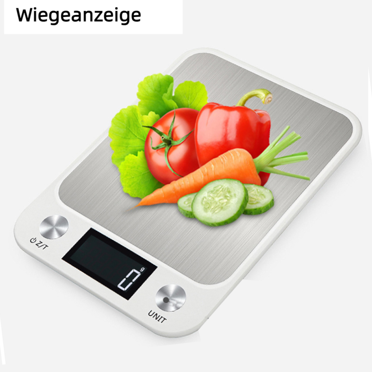 Digitale Küchenwaage mit Gemüse: Tomate, Paprika, Karotte, Gurke und grüne Blätter.