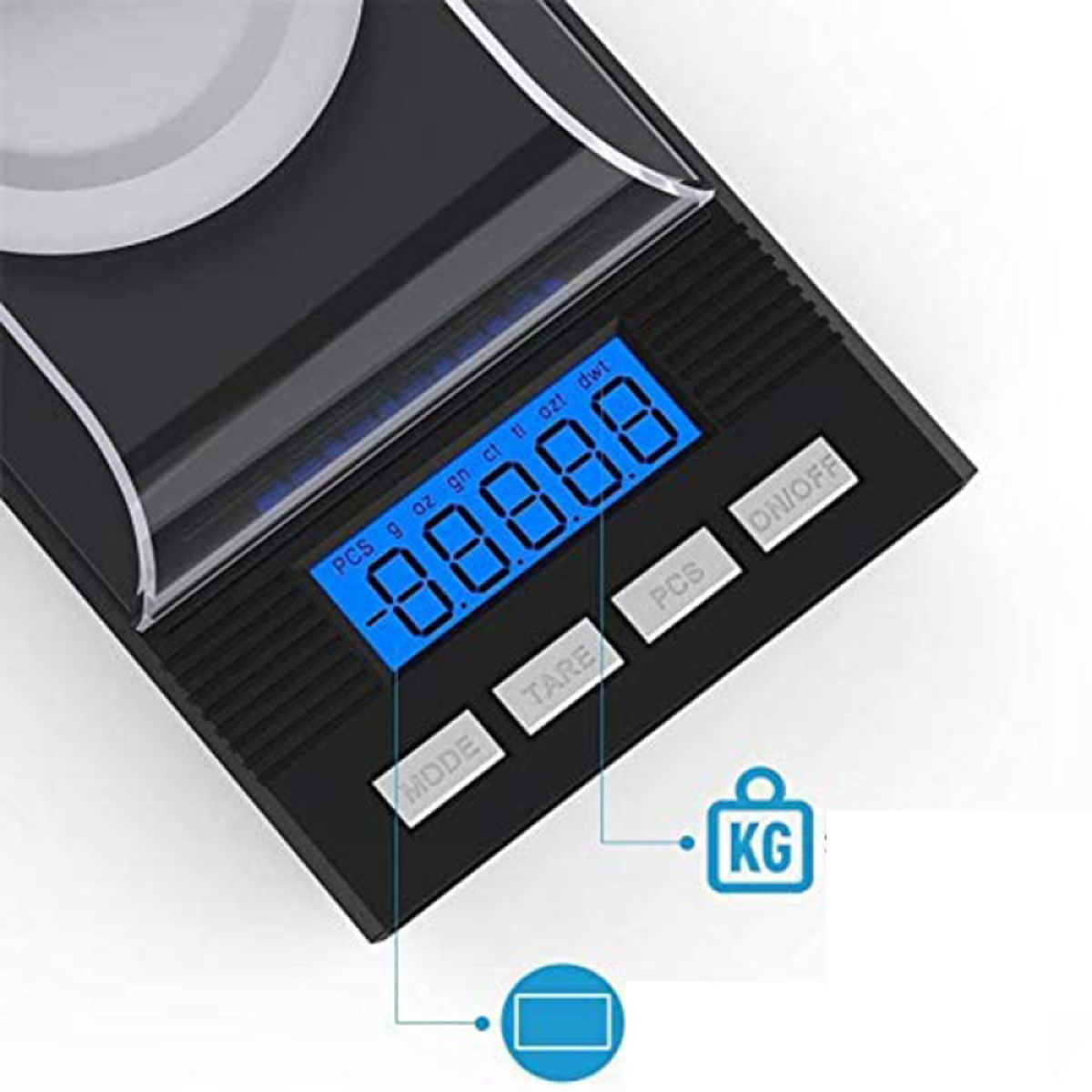 Schwarze Digitalwaage mit blauem Display, das Zahlen und Tasten zeigt.