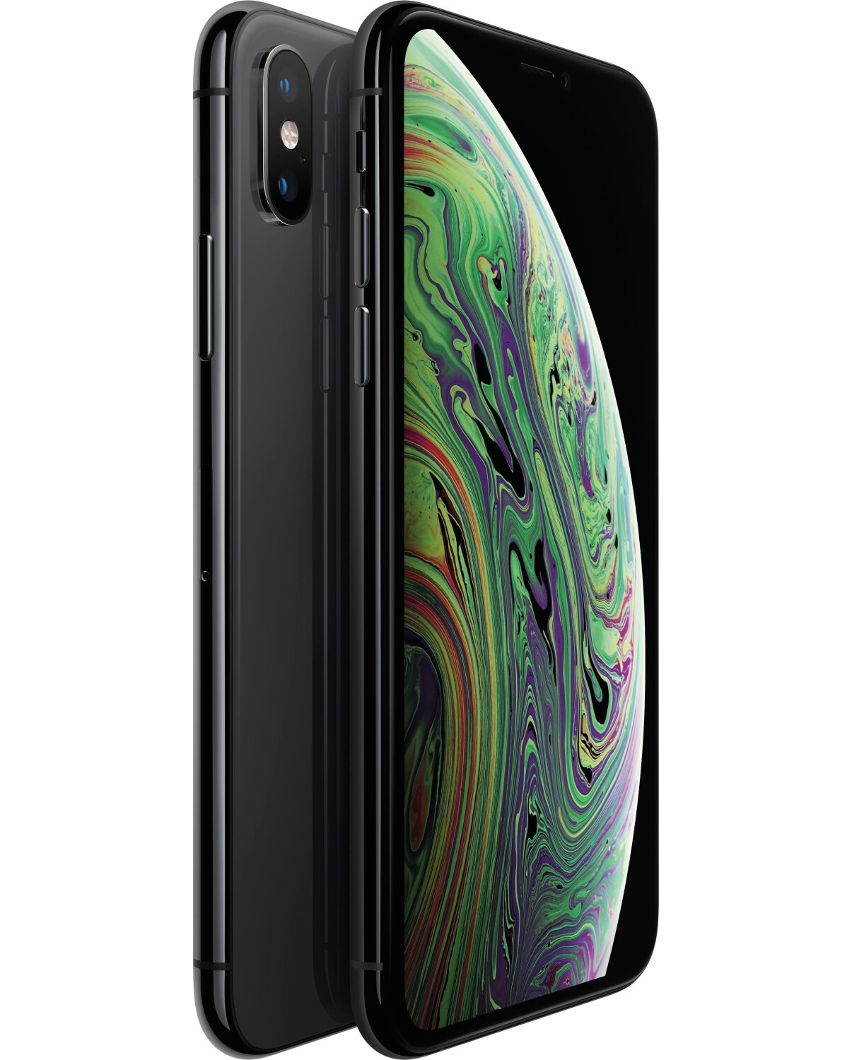 Dwa czarne telefony, jeden z kolorowym tłem, drugi pokazuje tył.