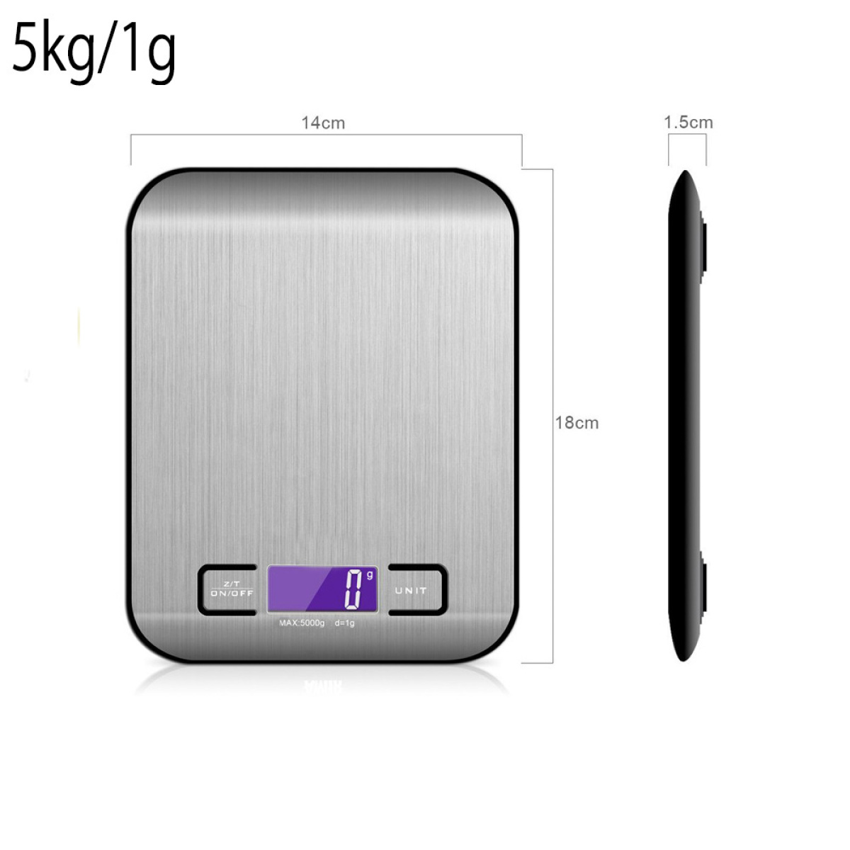 Silberne Küchenwaage mit Abmessungen. Liest 5 kg/1 g. Seitenansicht zeigt 1,5 cm Dicke.