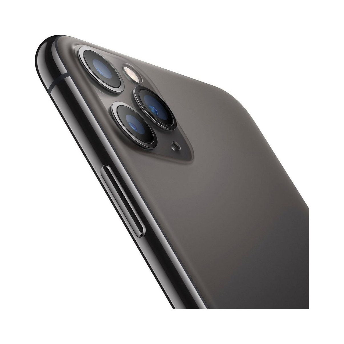 Zbliżenie czarnego iPhone 11 Pro z trzema aparatami na białym tle.