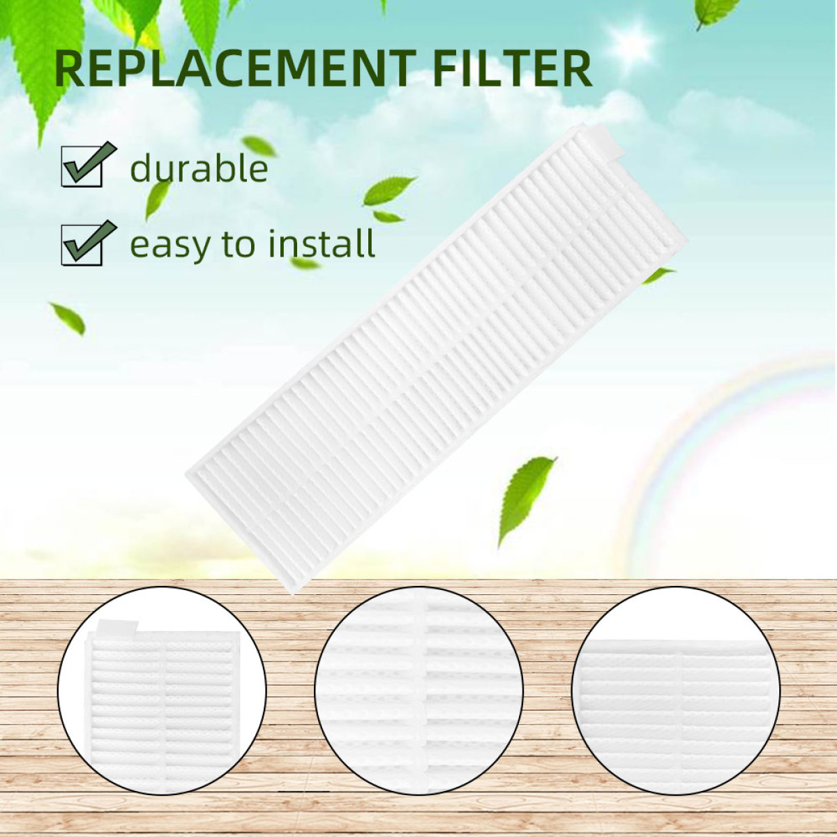 Weißer Ersatzfilter mit Blattgrafiken, Text: langlebig und einfach zu installieren.