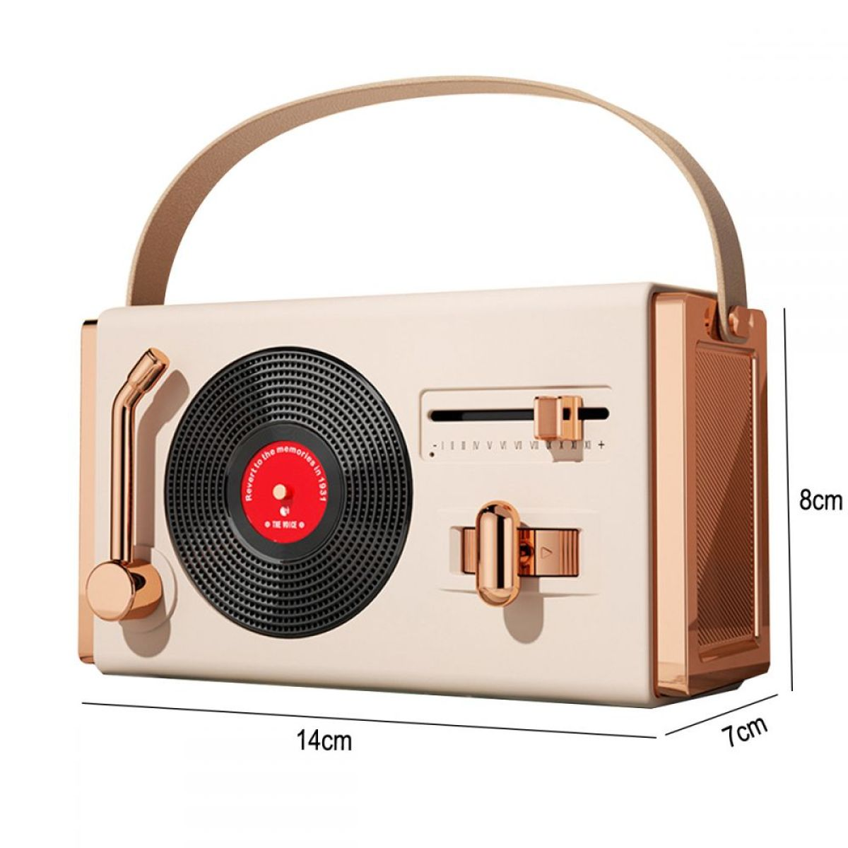 Ein cremefarbenes Retro-Radio mit schwarzem Plattenspieler, Griff und angegebenen Abmessungen.