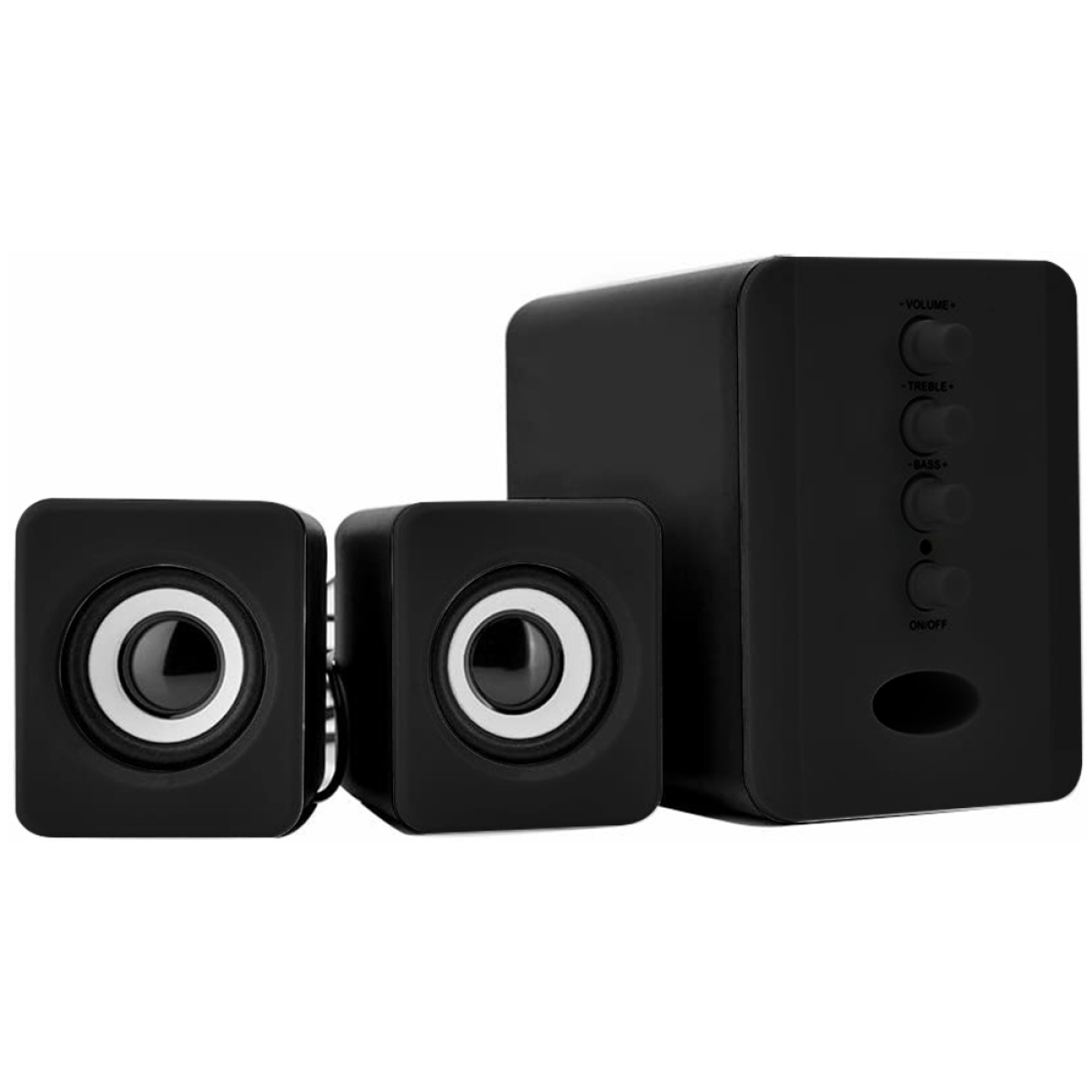 Schwarzes Lautsprechersystem mit zwei kleinen Lautsprechern und einem größeren Subwoofer. Regler für Lautstärke, Bass, Höhen, Ein/Aus.