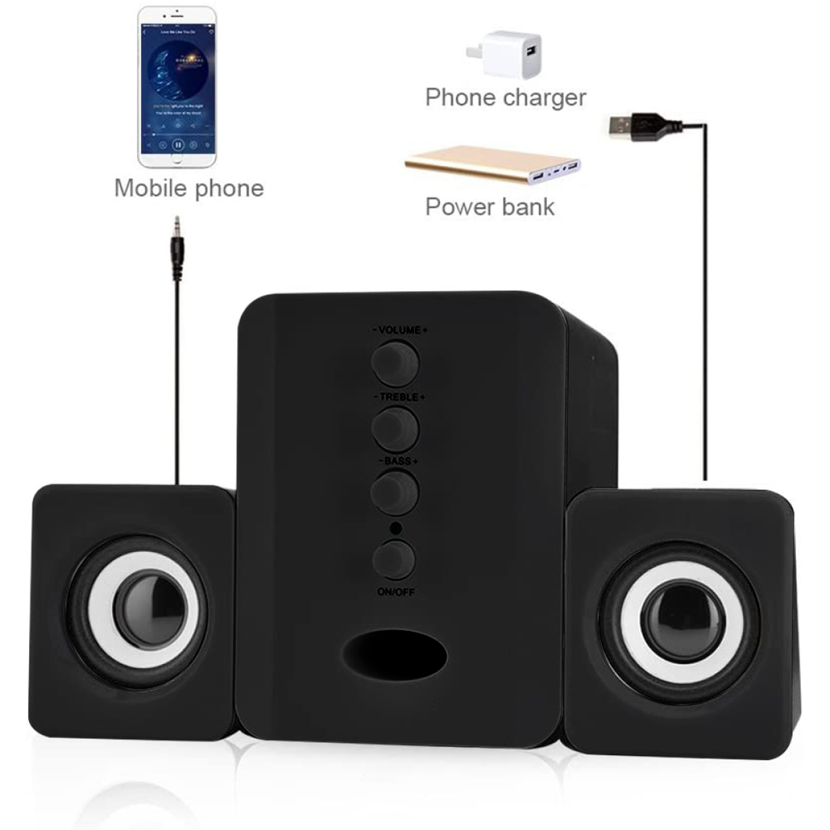 Ein schwarzes Lautsprechersystem mit zwei Satellitenlautsprechern, einem Telefon, einer Powerbank und einem Ladegerät.