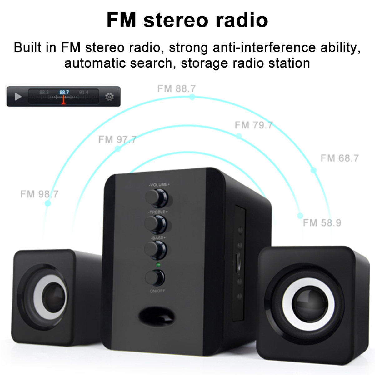 Schwarze Stereo-Lautsprecher mit Zentraleinheit, die UKW-Frequenzen anzeigt.