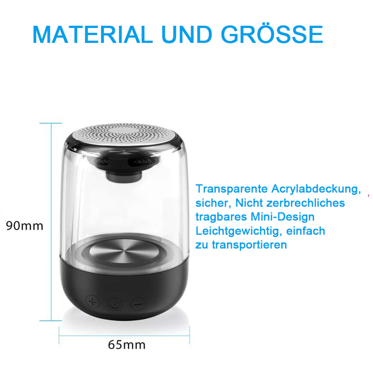 Ein transparenter Lautsprecher mit Abmessungen und Text auf Deutsch, auf weißem Hintergrund.