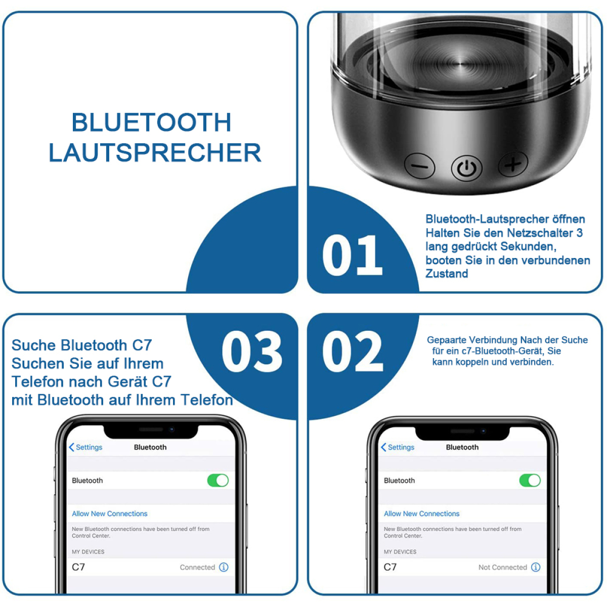 Diagramm für Bluetooth-Lautsprecher. Zeigt Schritte zum Anschließen und Einrichten eines Bluetooth-Lautsprechers an einem Telefon.