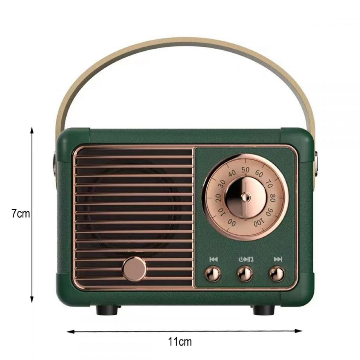 Grünes Retro-Radio mit Griff. Goldakzente. Abmessungen 7 cm x 11 cm.