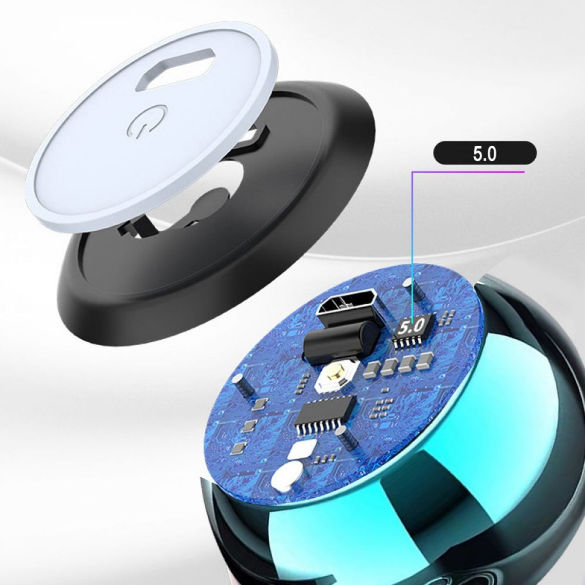 Zerlegter Smart-Tag mit blauer Leiterplatte, die Innenkomponenten zeigt.