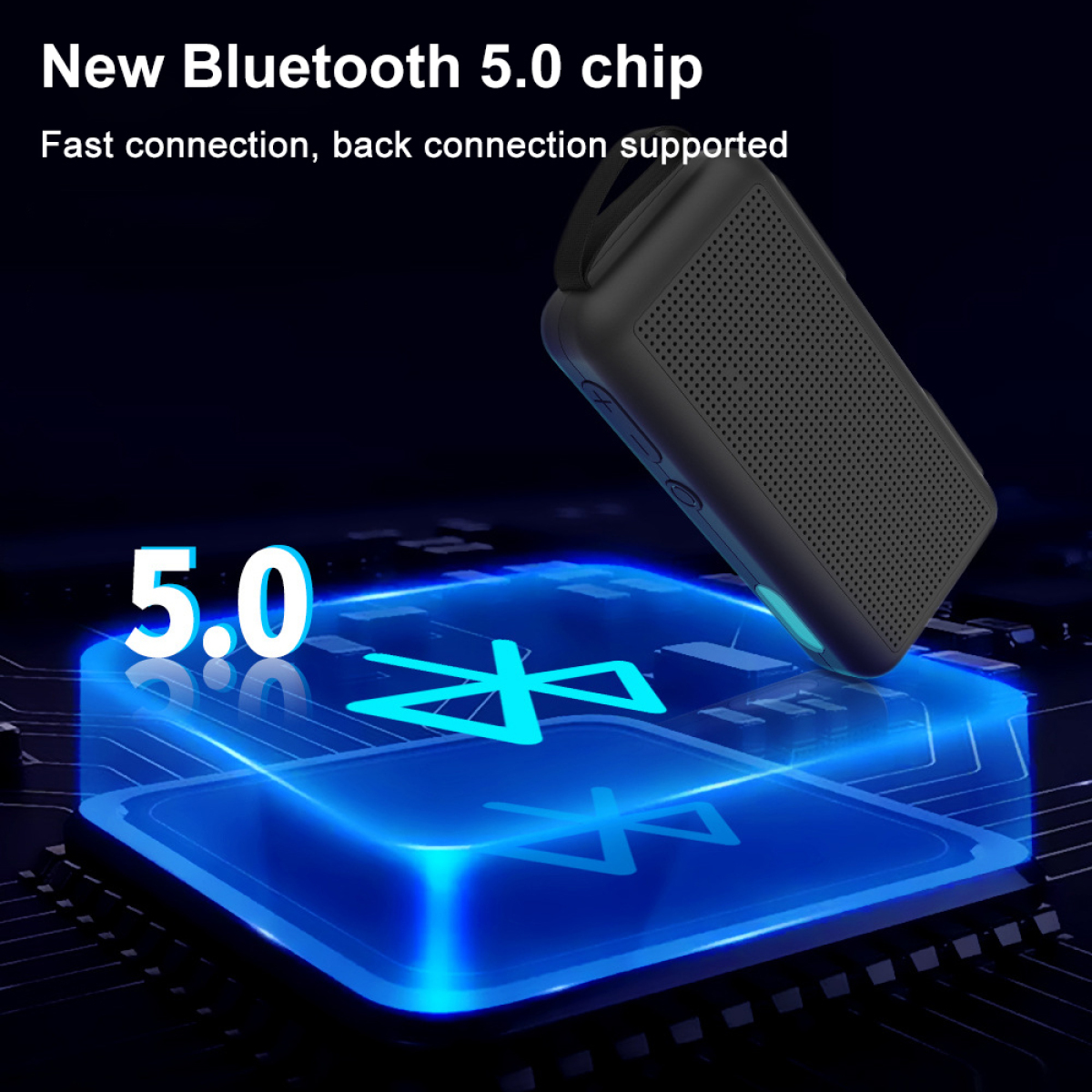 Schwarzer Bluetooth-Lautsprecher mit Bedientasten. Blaue 5.0-Chip-Grafik im Hintergrund.