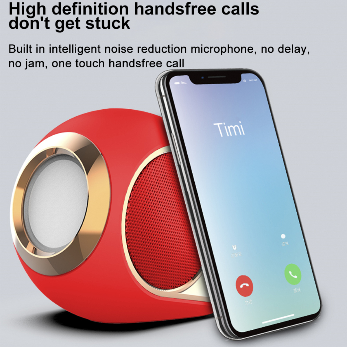 Roter Lautsprecher mit einem Telefon, das einen eingehenden Anruf auf hellem Hintergrund zeigt.