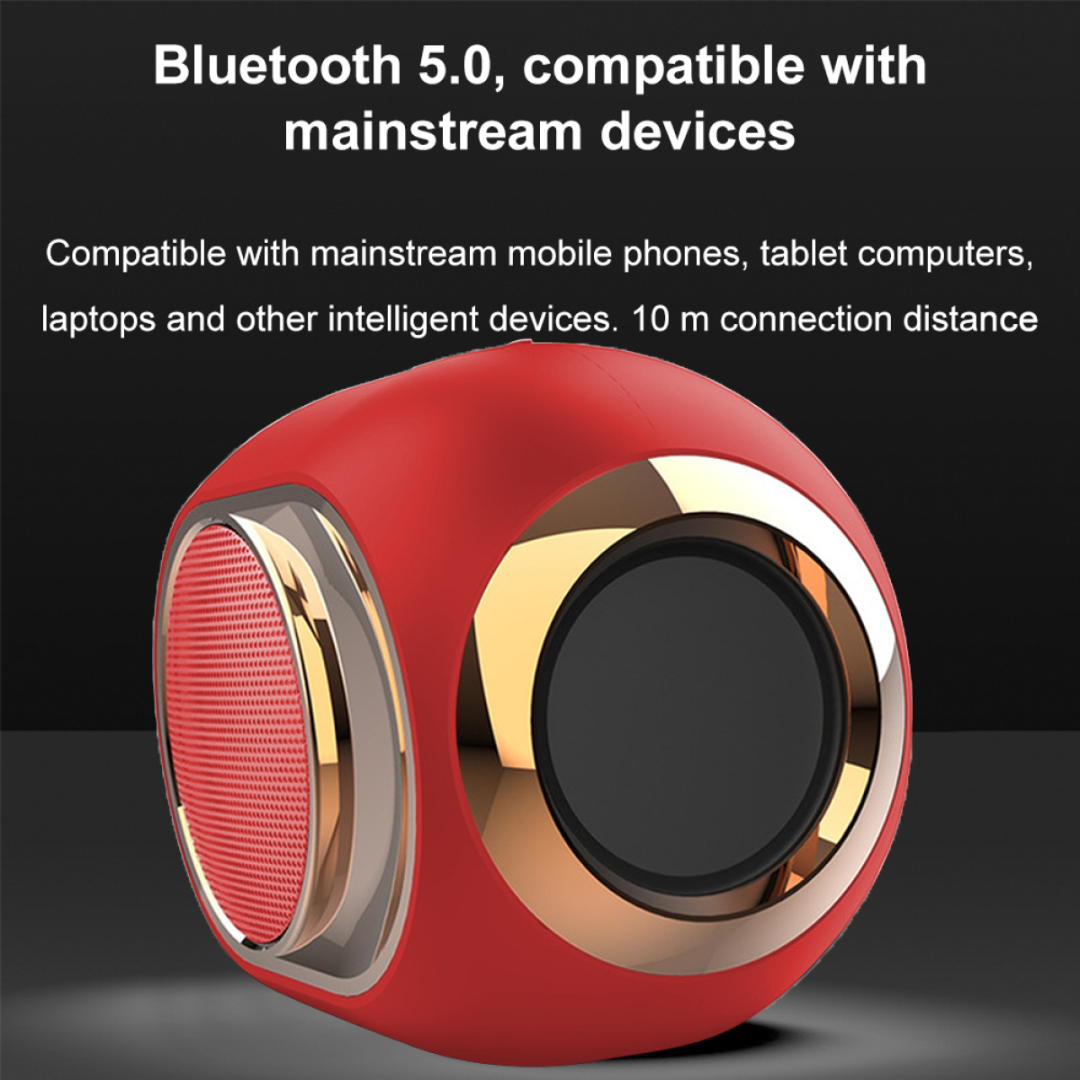 Roter und goldener Lautsprecher mit Text über Bluetooth 5.0-Kompatibilität und Verbindungsentfernung.