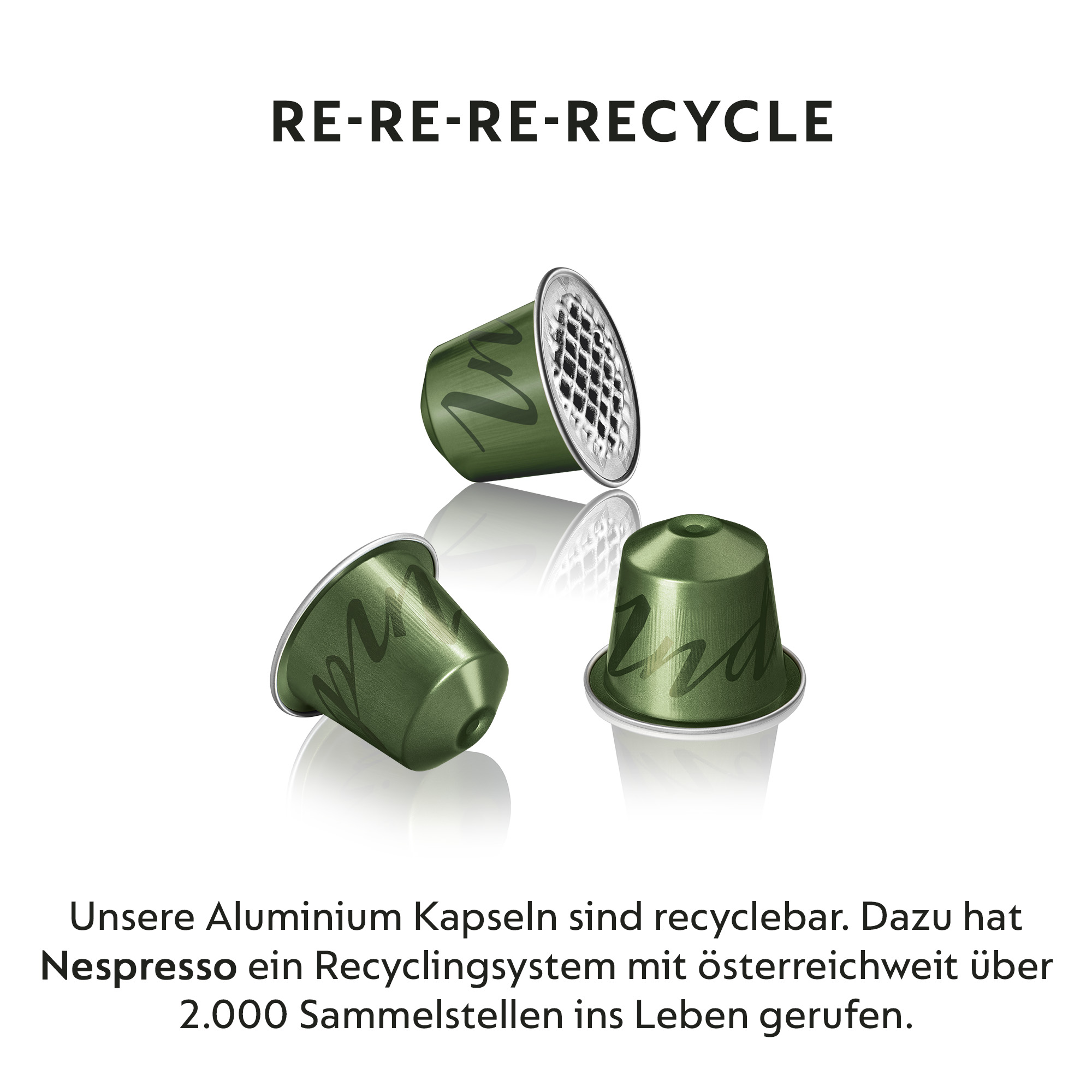 Drei grüne Nespresso-Kapseln mit Text, vor weißem Hintergrund.