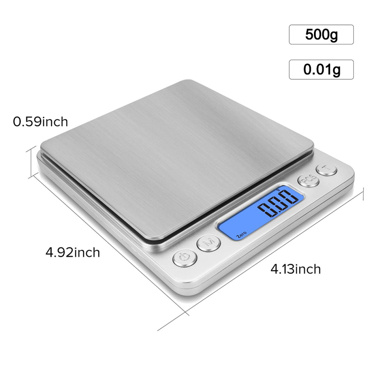 Silberne digitale Küchenwaage mit Messungen. Es zeigt 0,00 an. Die Waage zeigt ein maximales Gewicht von 500 g und eine Erhöhung von 0,01 g.