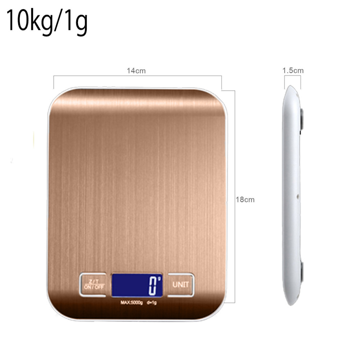 Eine roségoldene Digitalwaage. Sie ist quadratisch und hat eine Anzeige mit '0'. Sie hat die Einheit 'g'.