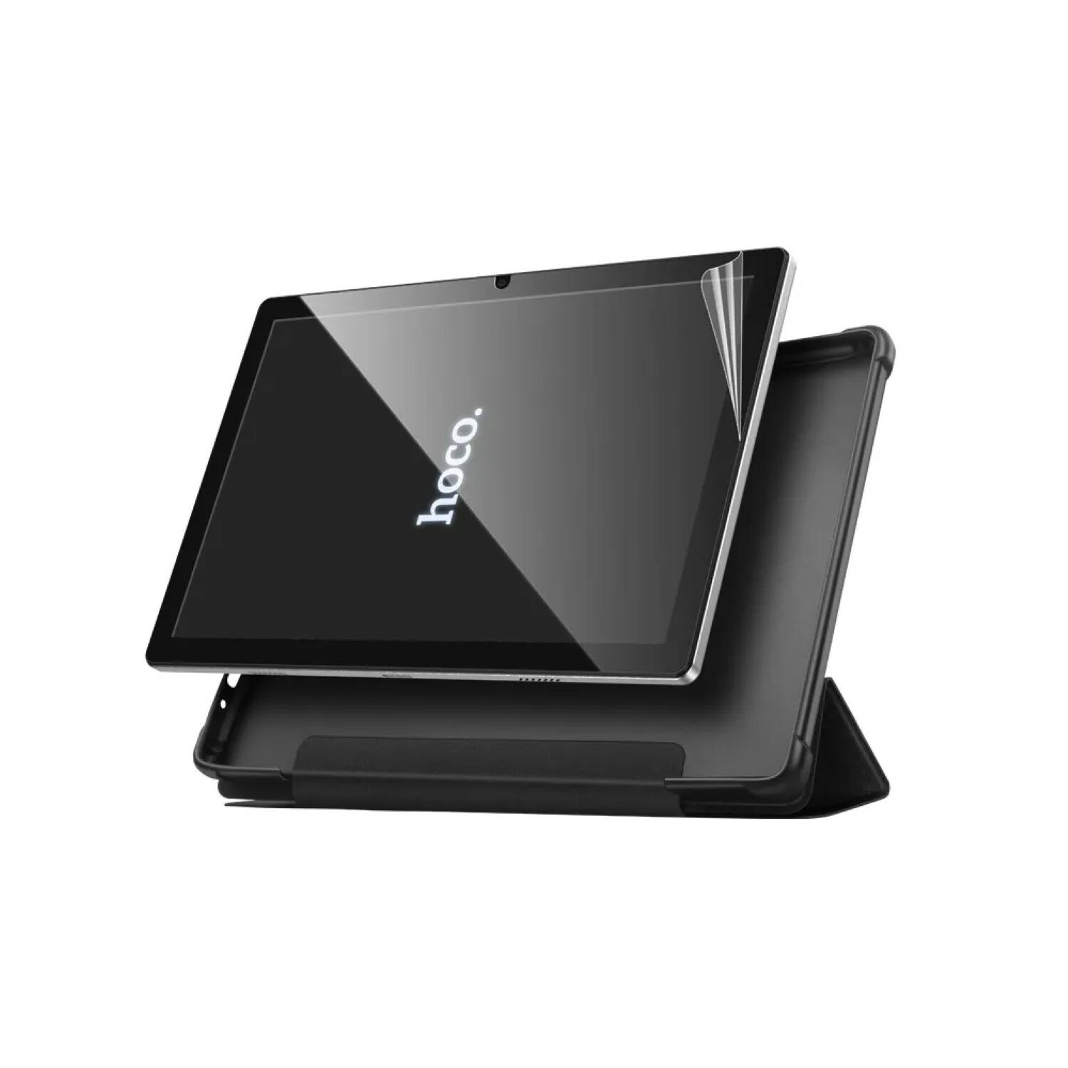 Tablet mit Displayschutzfolie und Hülle. Auf dem Tablet steht das Wort: hoco.