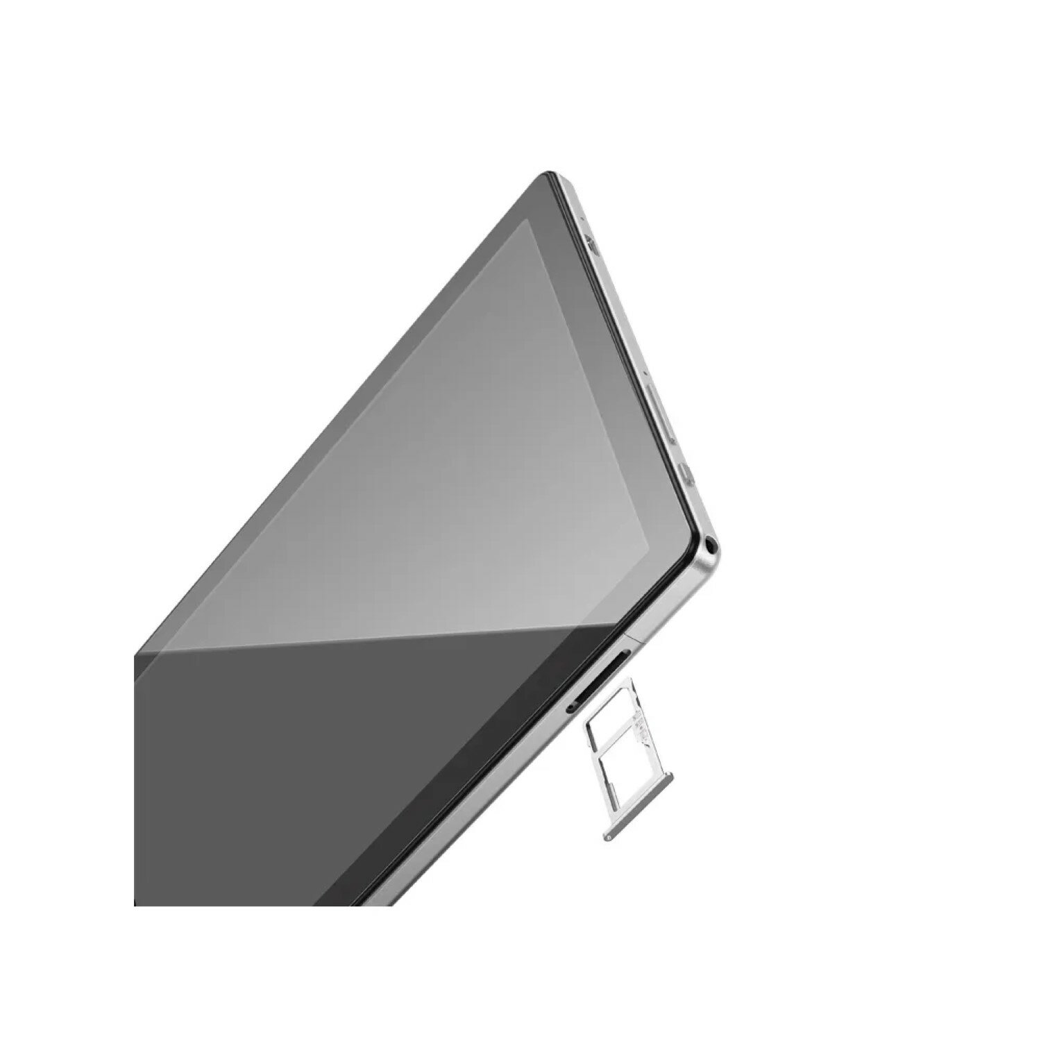 Tablet angewinkelt, Bildschirm nach oben. Silberner Rahmen und ein SIM-Kartensteckplatz sichtbar.
